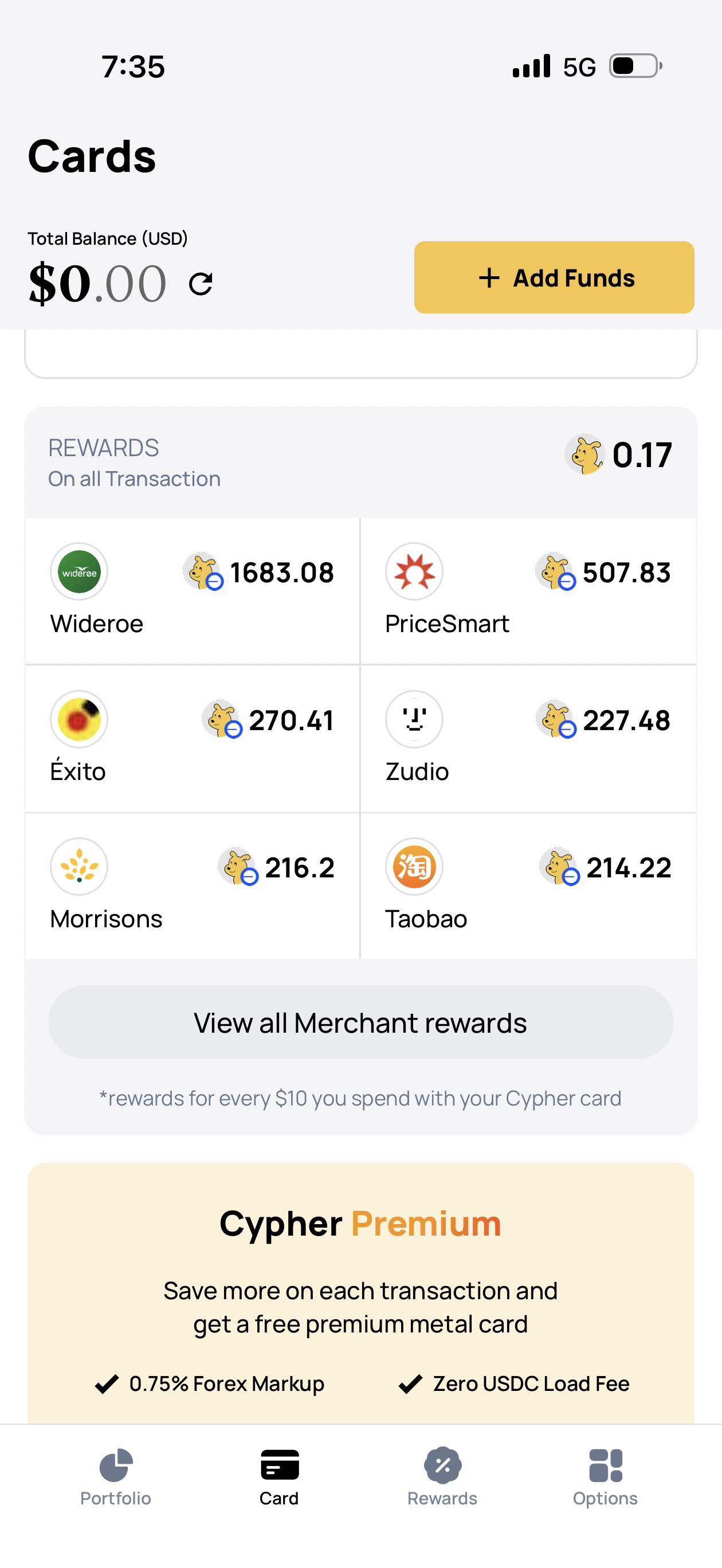 Cypher rewards screen showing base reward of 0.17 CYPR on all transactions and boosted merchant rewards including Wideroe 1683.08 CYPR, PriceSmart 507.83 CYPR, Exito 270.41 CYPR per $10 spent, with note: rewards for every $10 you spend with your Cypher card