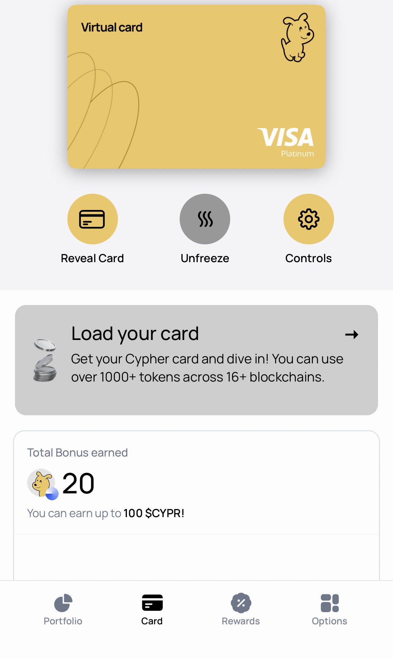 Cypher app virtual card dashboard showing Visa Platinum card with Reveal Card, Unfreeze, and Controls buttons, Load your card prompt mentioning 1000+ tokens across 16+ blockchains, and Total Bonus earned of 20 CYPR tokens