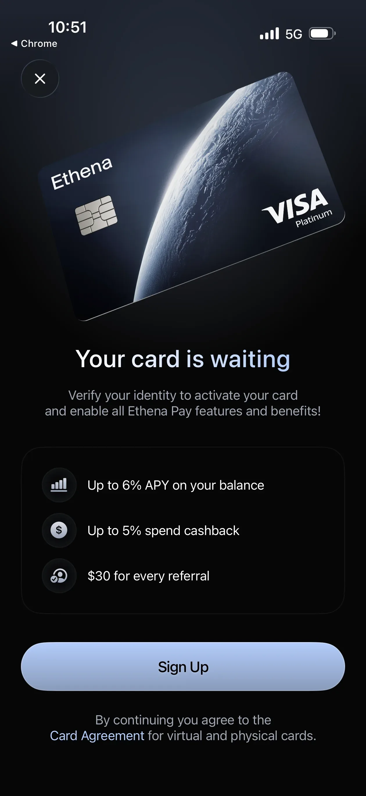 Ethena Pay card signup screen promoting up to 5 percent spend cashback and an annualized balance rate of up to 6 percent