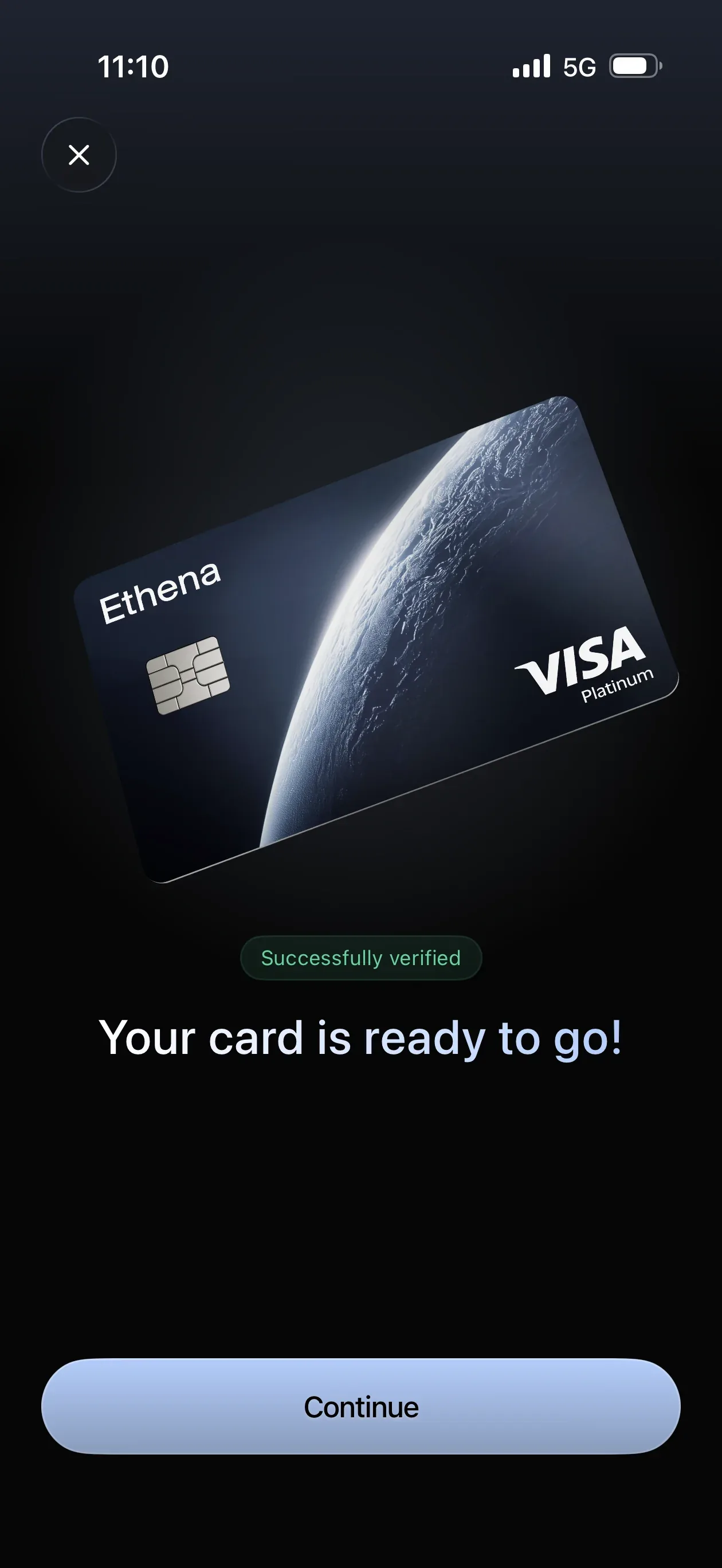 Ethena Pay screen confirming successful identity verification and card readiness