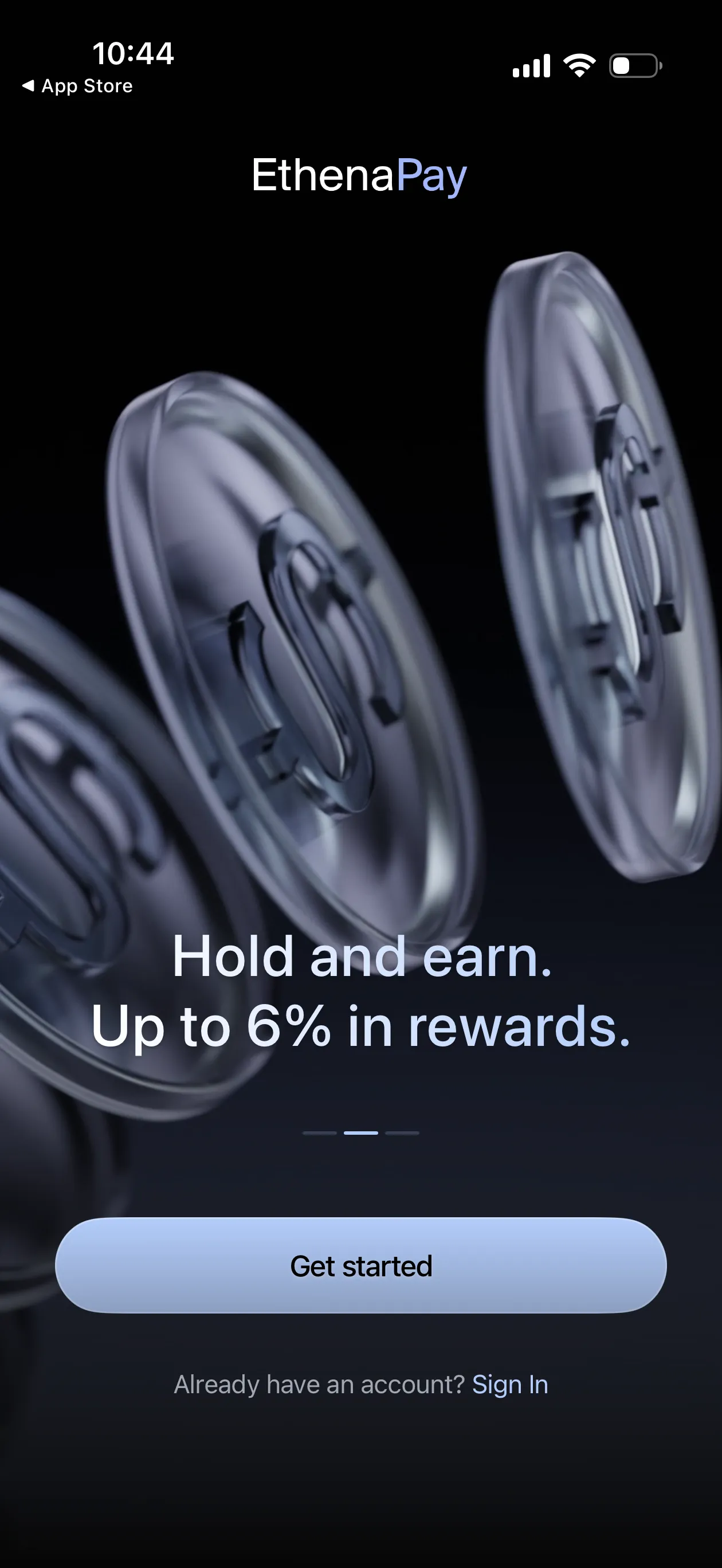 Ethena Pay onboarding screen promoting card cashback and an annualized balance rate of up to 6 percent