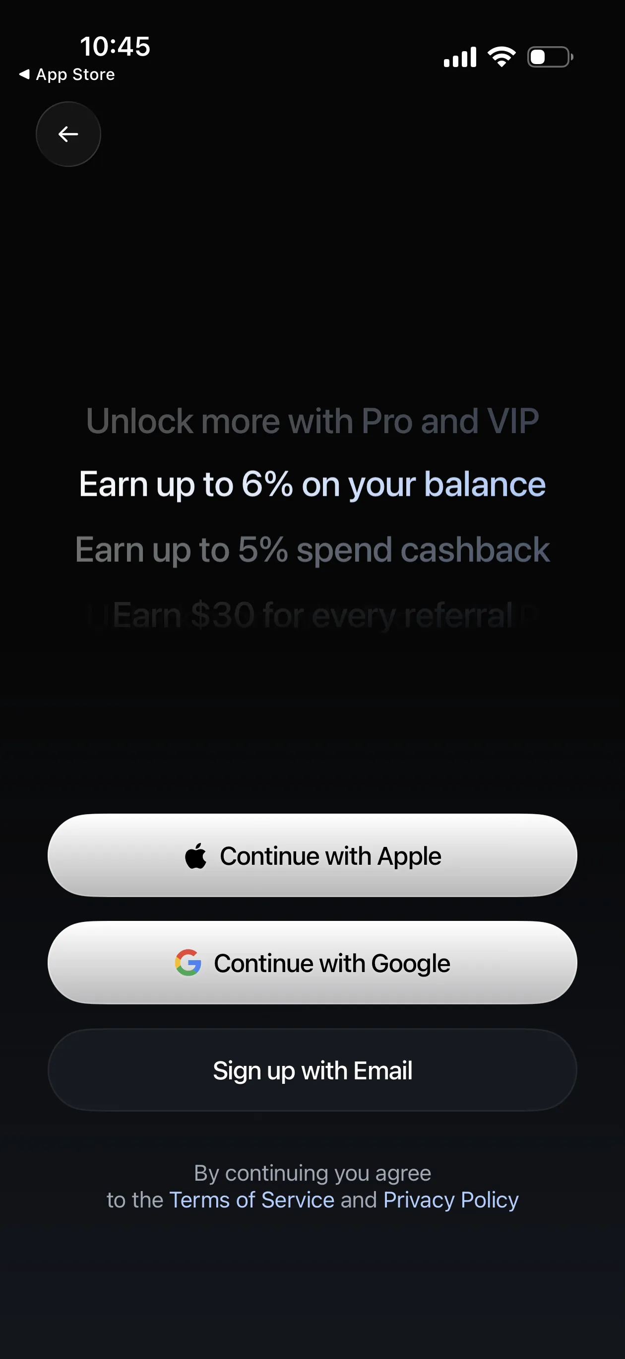 Ethena Pay signup screen with Apple, Google, and email account options