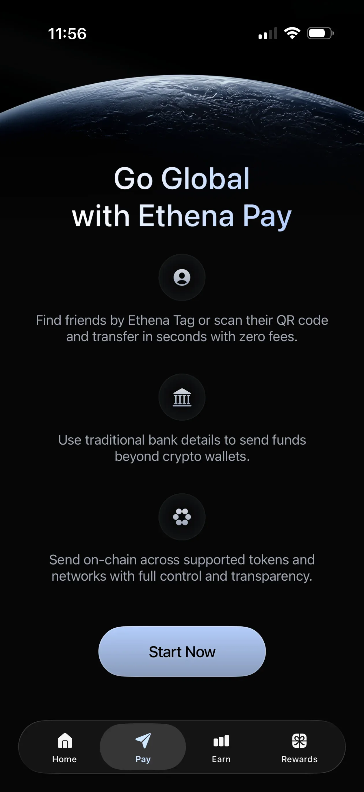 Ethena Pay transfer screen showing username, bank, and on-chain transfer routes