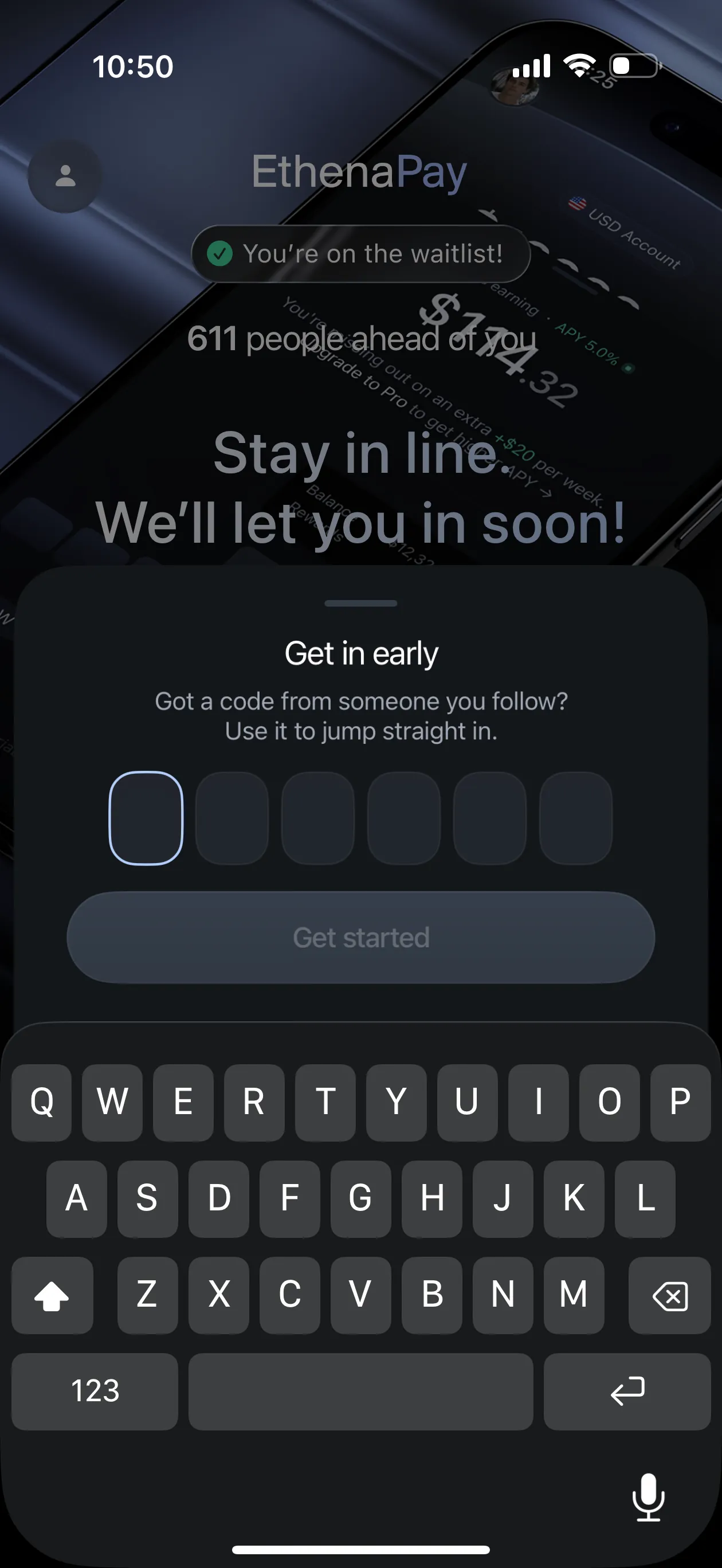 Ethena Pay waitlist screen showing a queue position and an access-code entry field