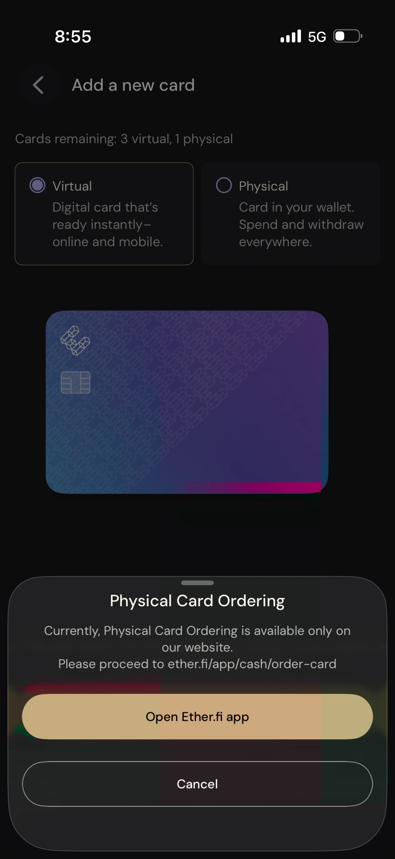 ether.fi app card ordering screen showing virtual and physical card options with purple card art