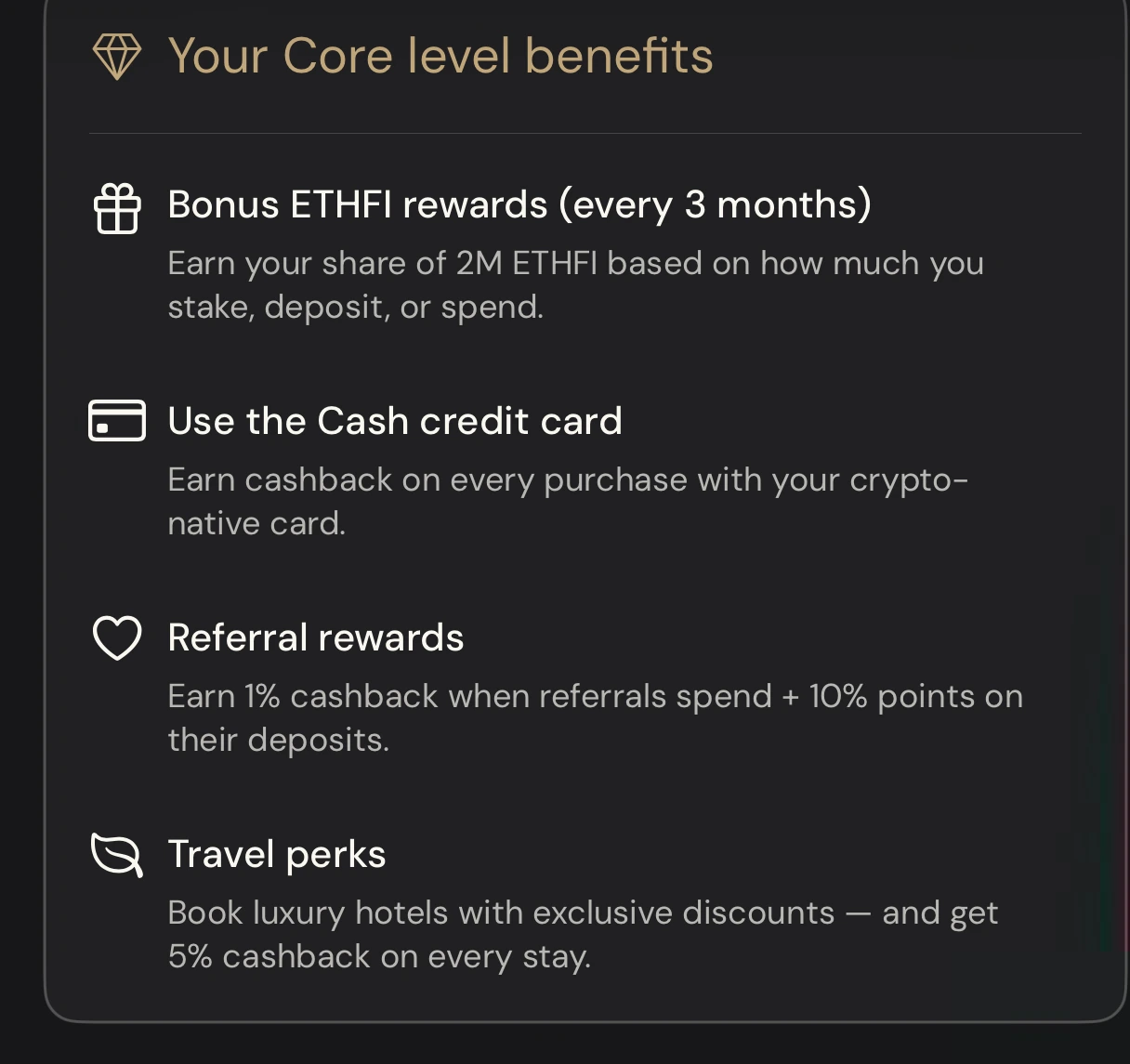 ether.fi Core level benefits showing ETHFI rewards, cashback, referral program, and travel perks