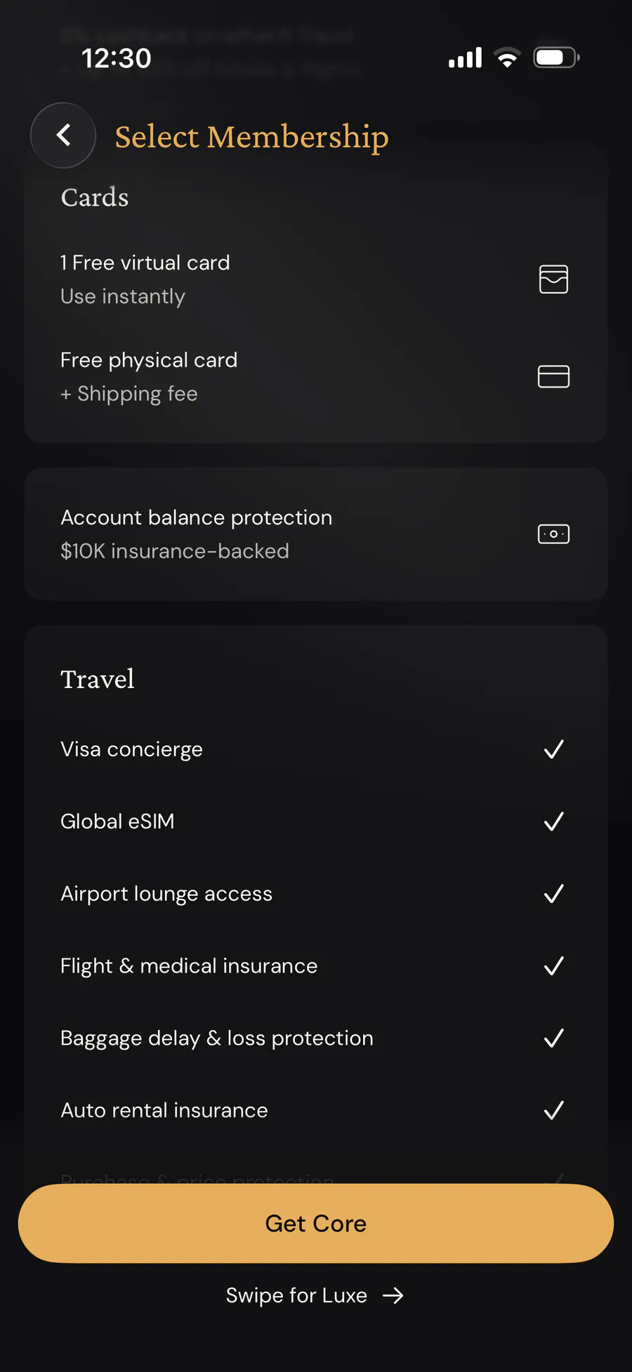 ether.fi Core membership benefits showing cashback, lounge access, travel savings, card entitlements, and account protection