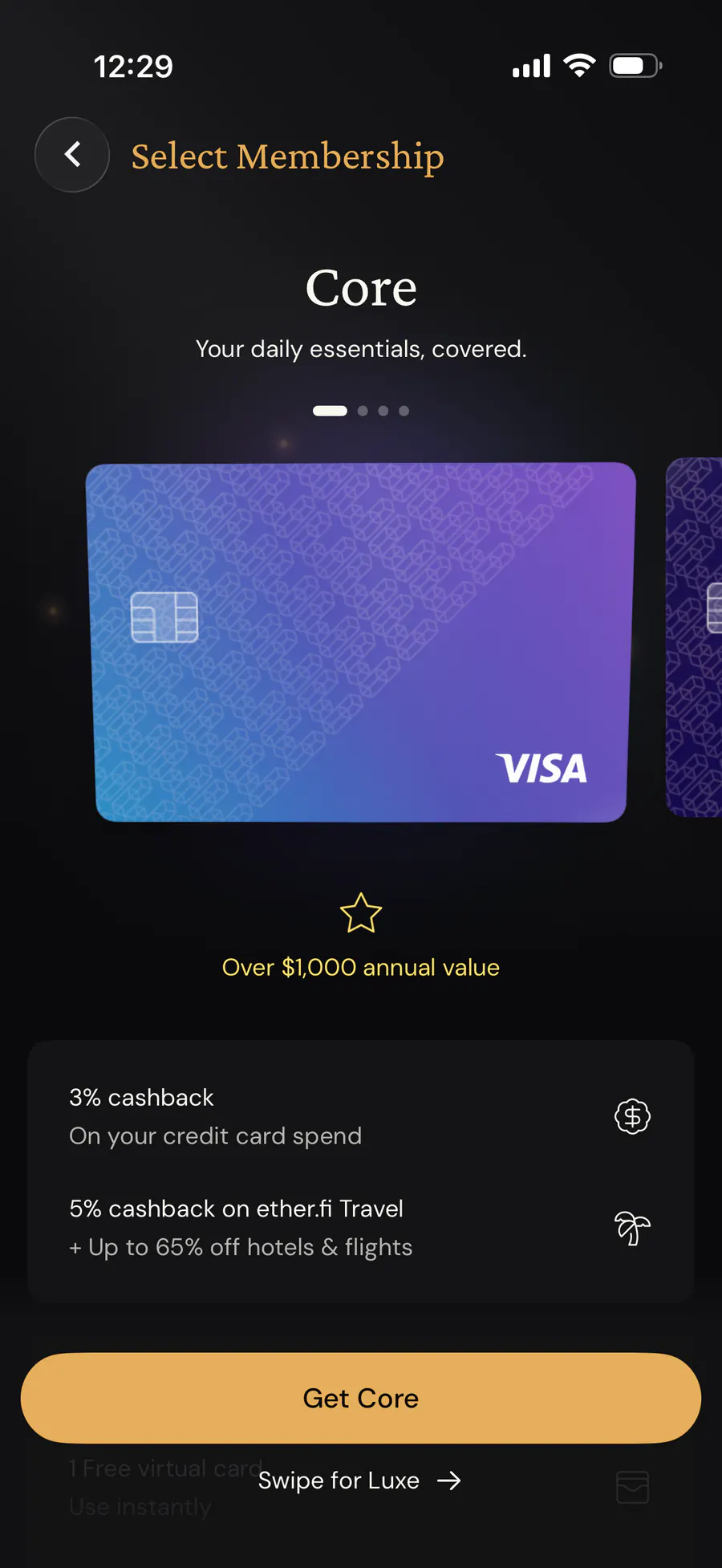 ether.fi Core membership overview with an available order control