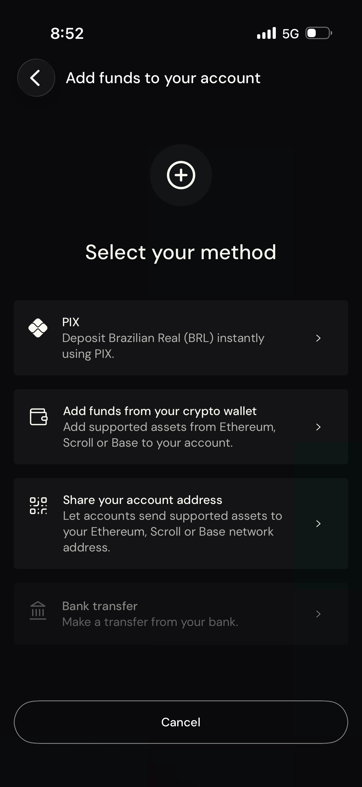 ether.fi app funding options showing PIX, crypto wallet, account address sharing, and bank transfer