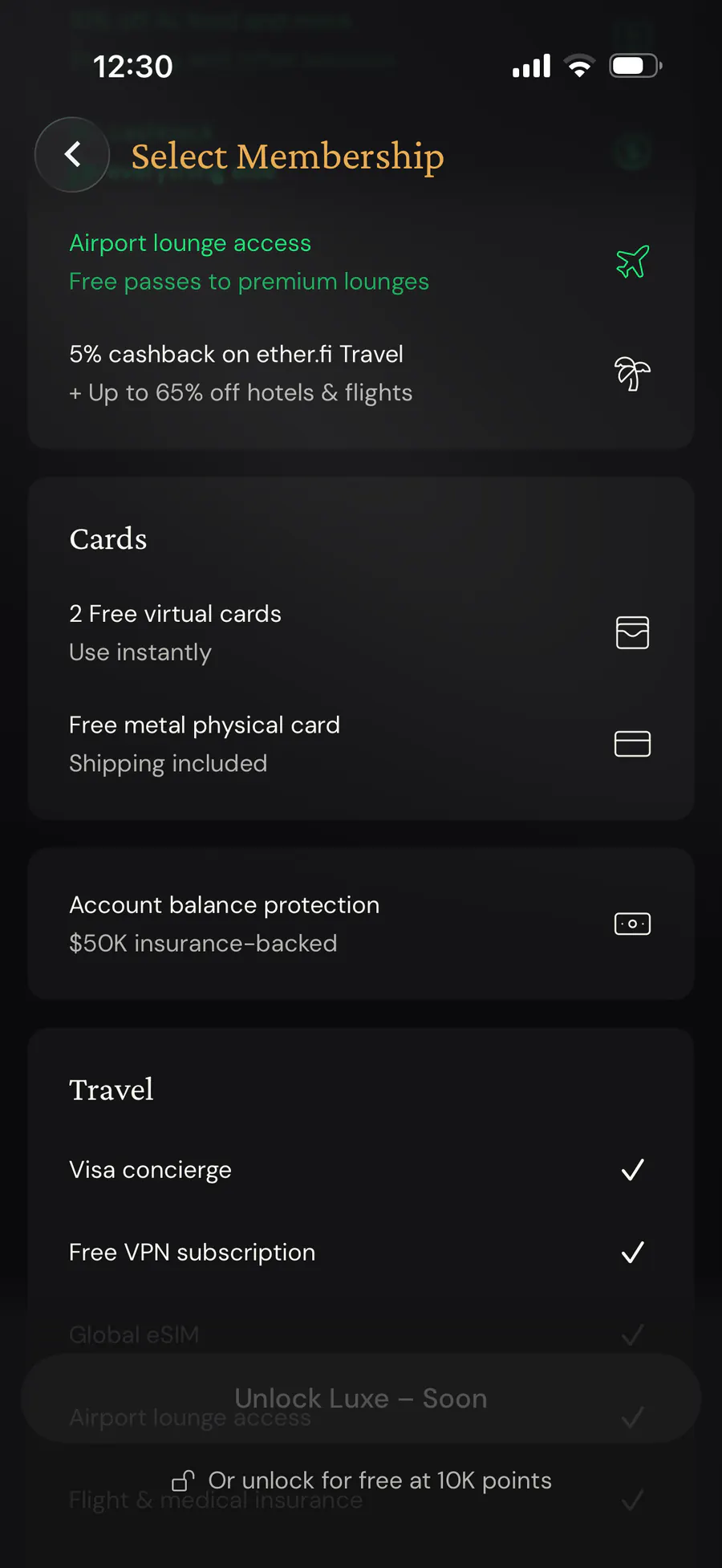 ether.fi Luxe membership benefits showing cashback, lounge passes, travel rewards, two virtual cards, a metal card, and account protection