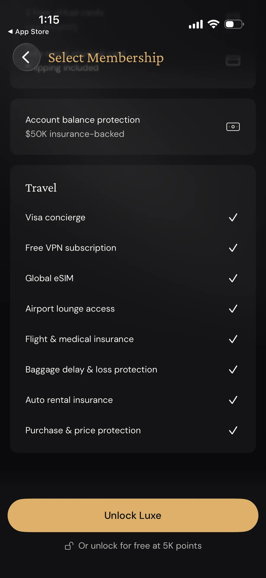 ether.fi app showing the active Unlock Luxe control and 5,000-point route