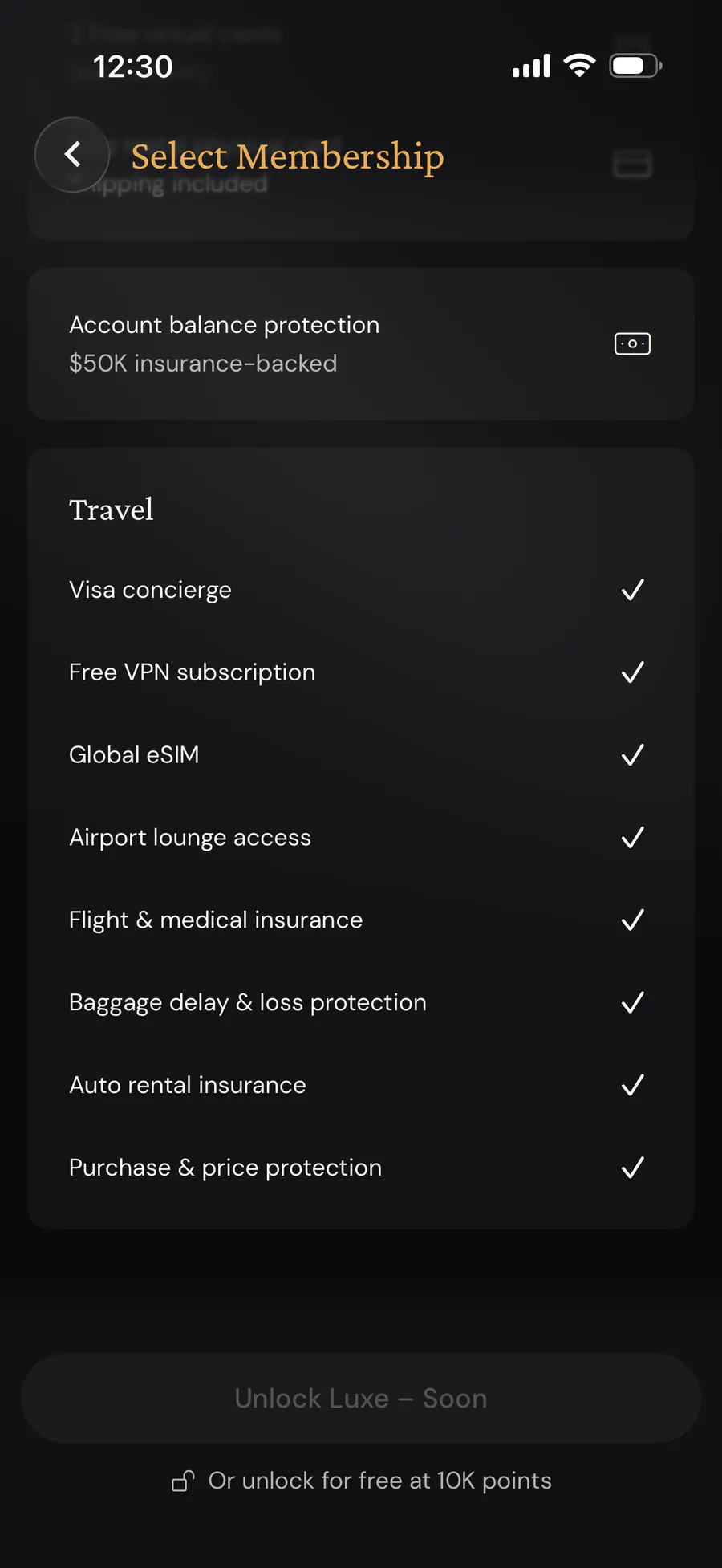 ether.fi Luxe travel benefits shown in the app