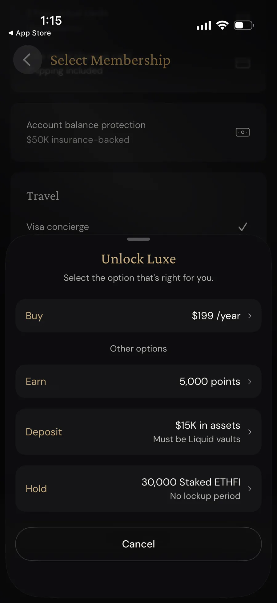 ether.fi Luxe unlock options showing $199 per year, 5,000 points, $15,000 in Liquid vaults, or 30,000 staked ETHFI