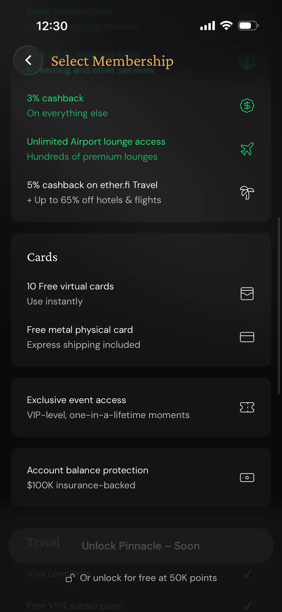 ether.fi Pinnacle benefits showing cashback, unlimited airport lounge access, travel rewards, 10 virtual cards, a metal card, and account protection