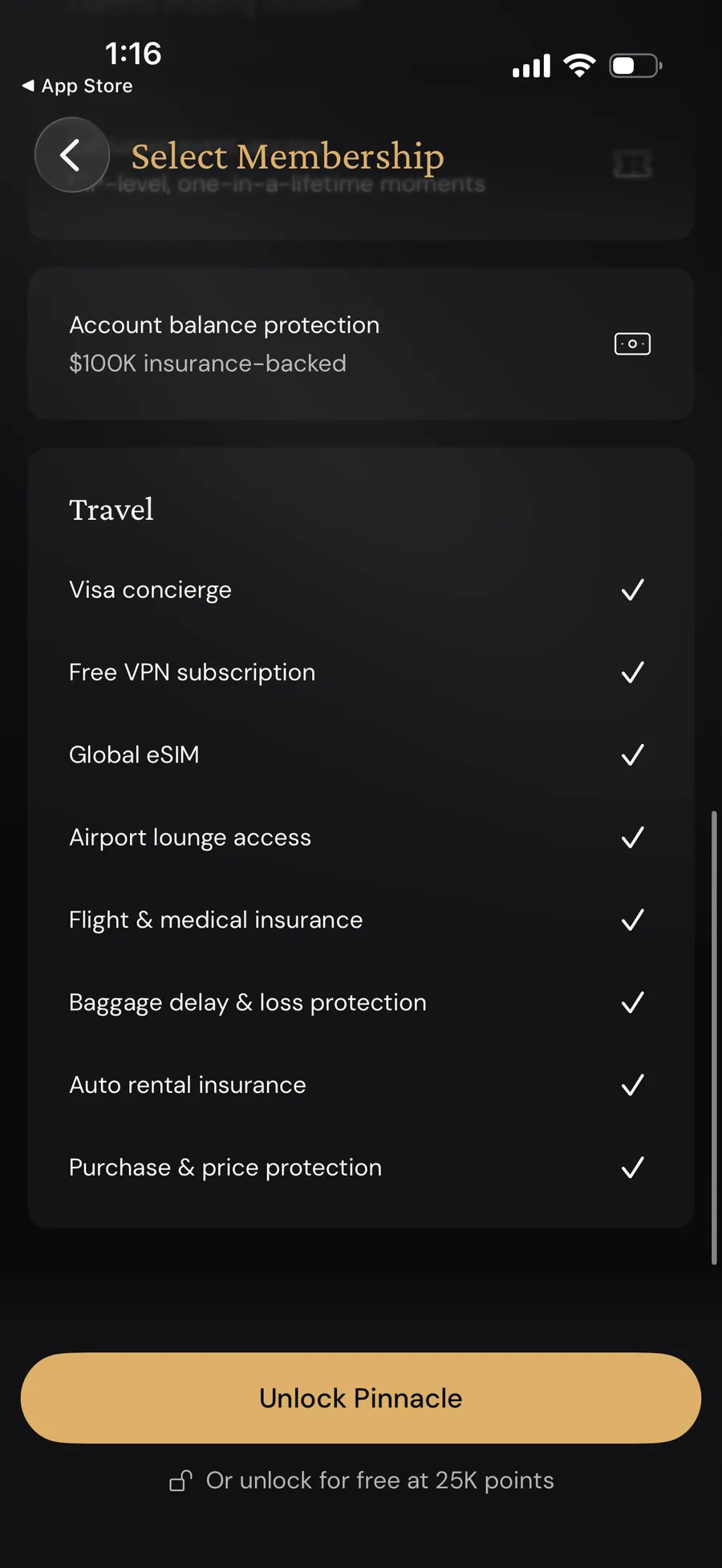 ether.fi app showing the active Unlock Pinnacle control and 25,000-point route