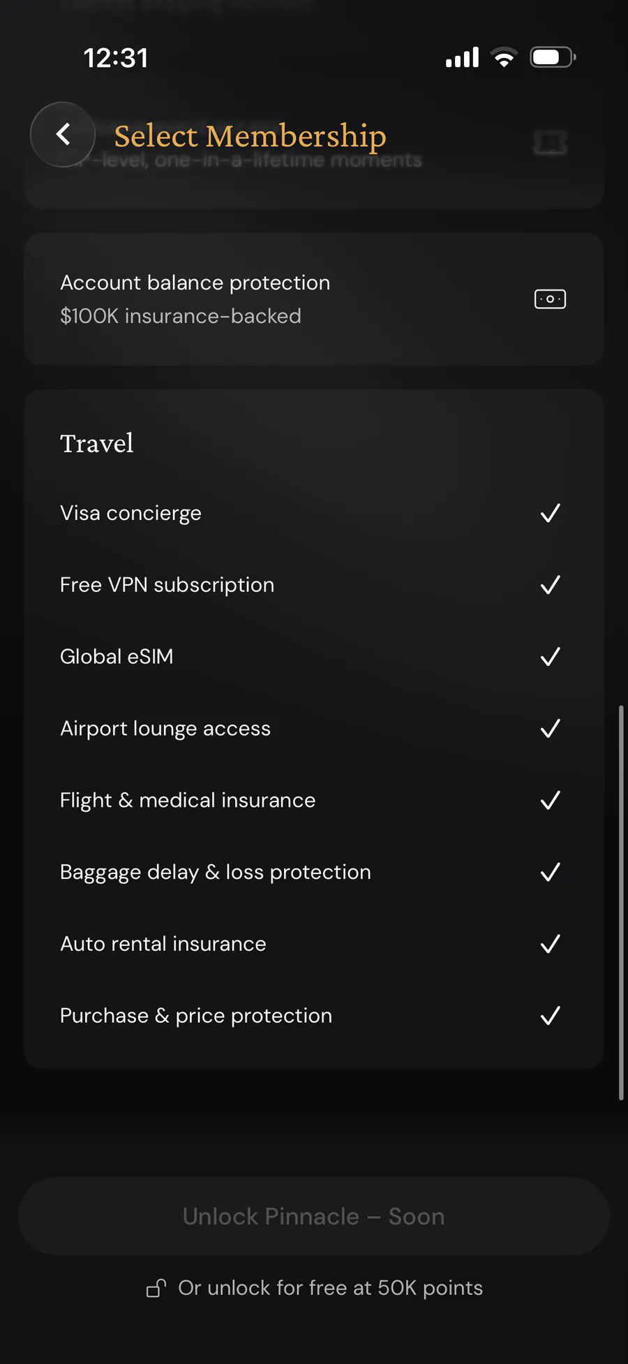 ether.fi Pinnacle travel benefits shown in the app