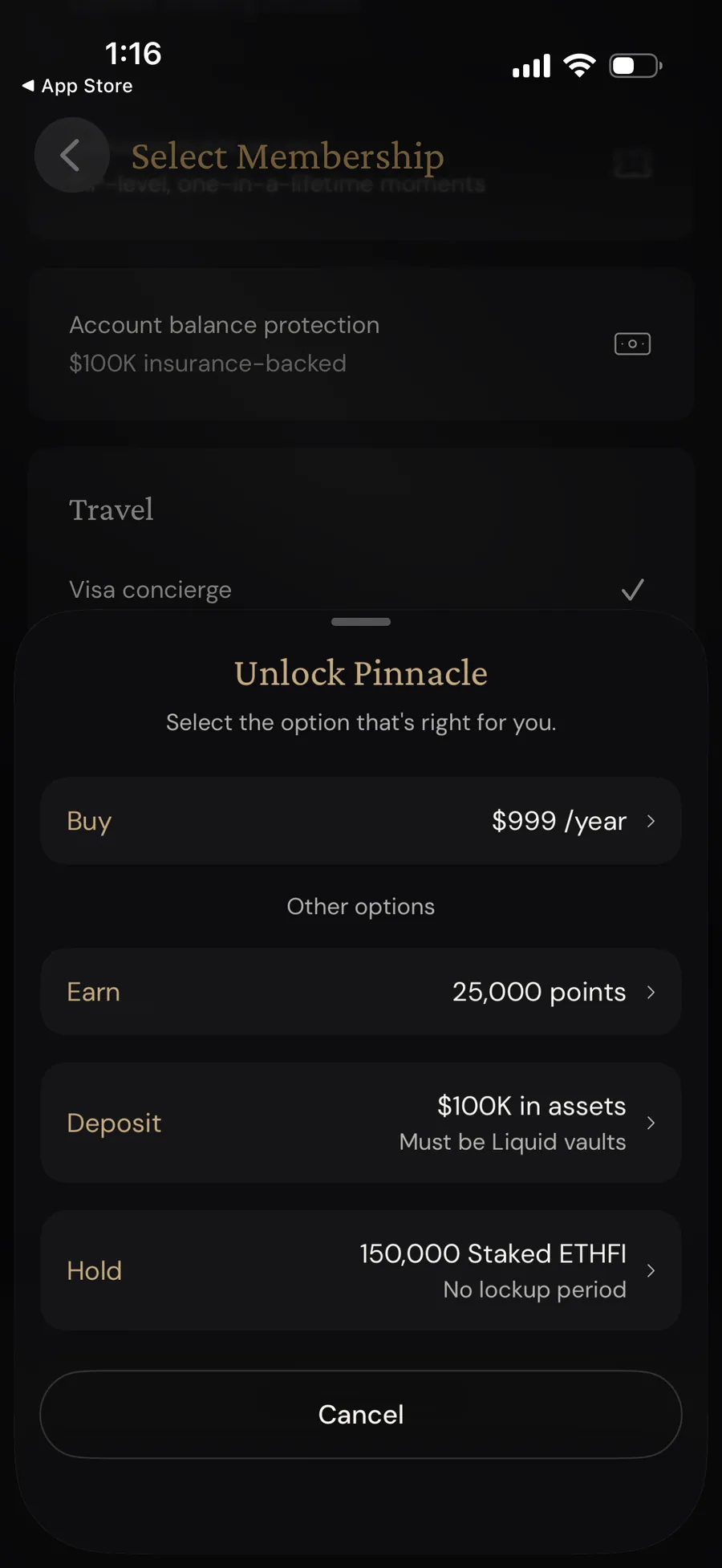 ether.fi Pinnacle unlock options showing $999 per year, 25,000 points, $100,000 in Liquid vaults, or 150,000 staked ETHFI