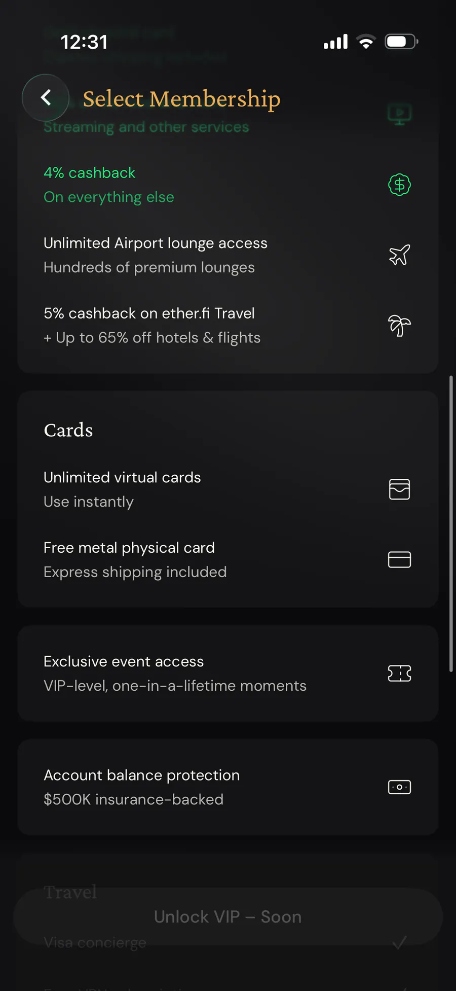 ether.fi VIP membership benefits showing 4 percent cashback, unlimited airport lounge access, travel rewards, unlimited virtual cards, a metal physical card, exclusive events, and account balance protection