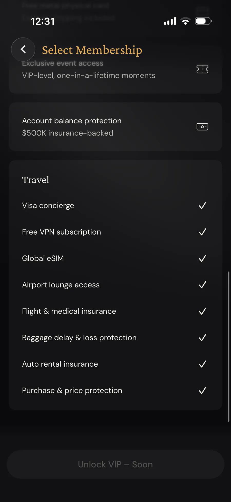 ether.fi VIP travel benefits shown in the app