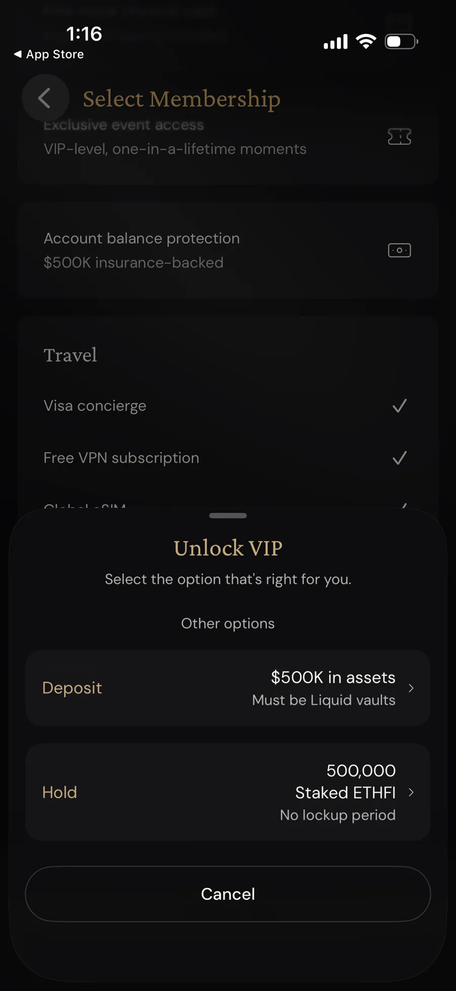 ether.fi VIP unlock options showing $500,000 in Liquid vaults or 500,000 staked ETHFI