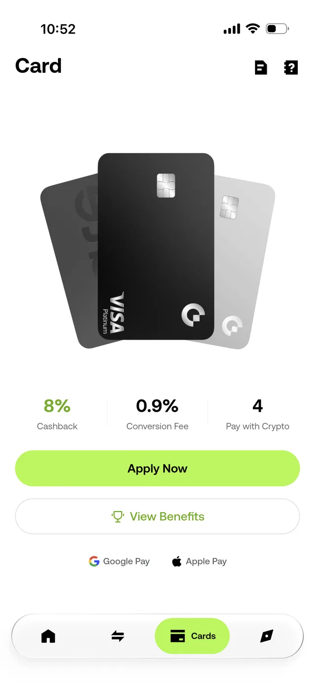 Gate Card apply screen showing three stacked Visa Platinum card designs above 8% cashback, 0.9% conversion fee, and 4 pay-with-crypto stats, an Apply Now button, and Google Pay and Apple Pay logos