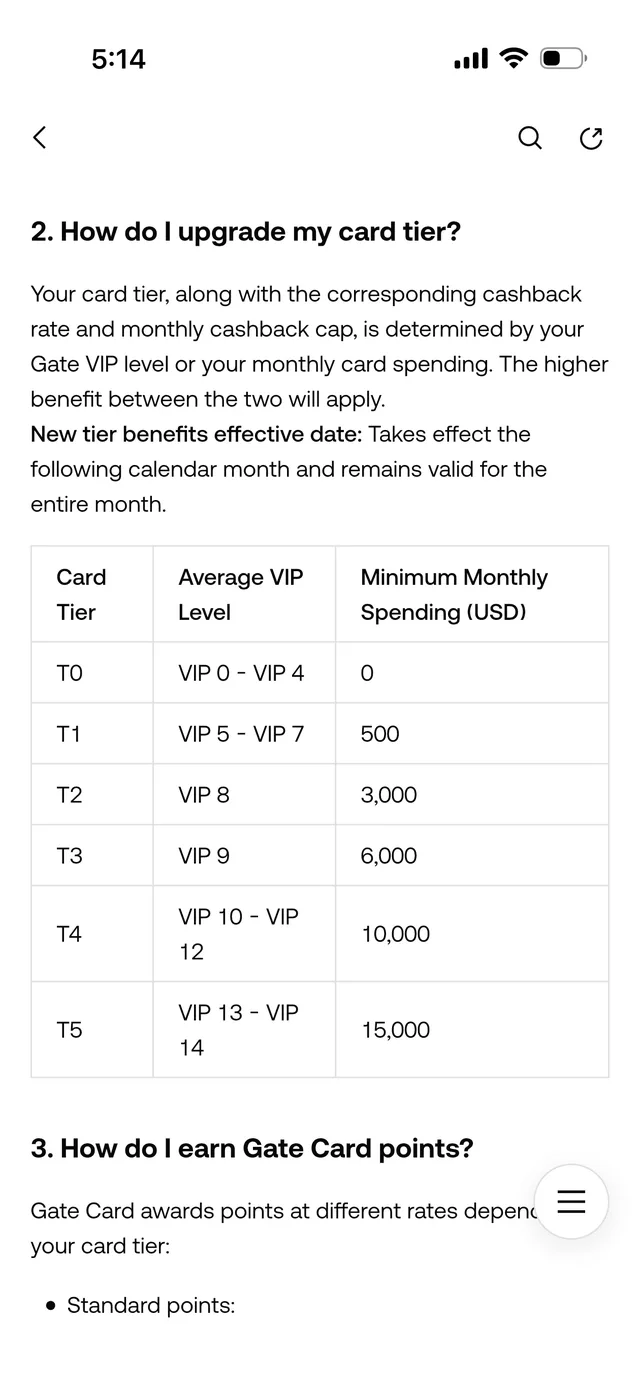 Gate Card help page titled How do I upgrade my card tier, showing the tier table from T0 at VIP 0-4 with no spend requirement through T5 at VIP 13-14 or 15,000 USD minimum monthly spending, and noting the higher benefit of the two applies with new tier benefits effective the following calendar month
