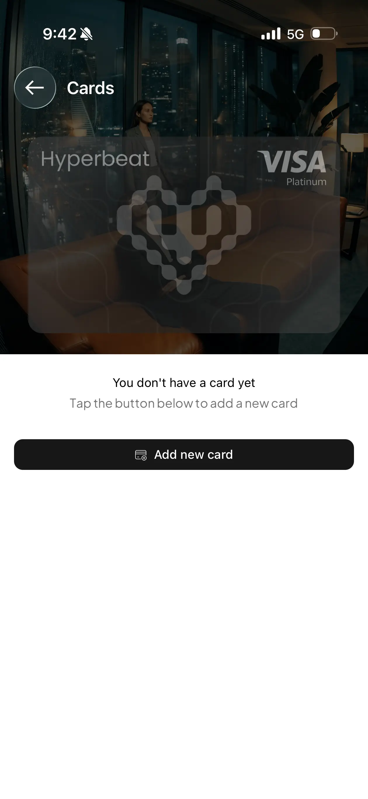 Hyperbeat Cards screen before issuance with an Add new card button