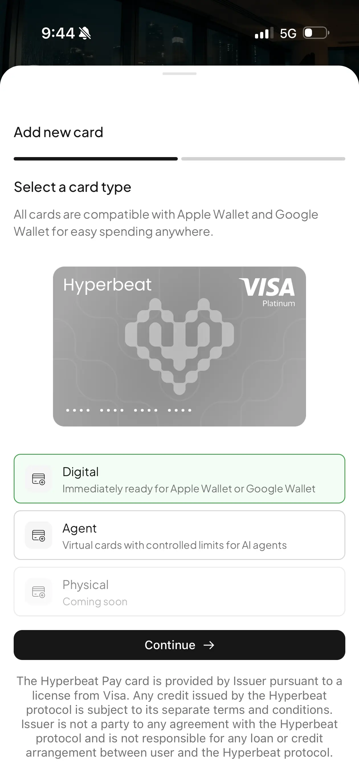 Hyperbeat card selection screen showing Digital, Agent, and Physical coming soon options with Apple Wallet and Google Wallet support