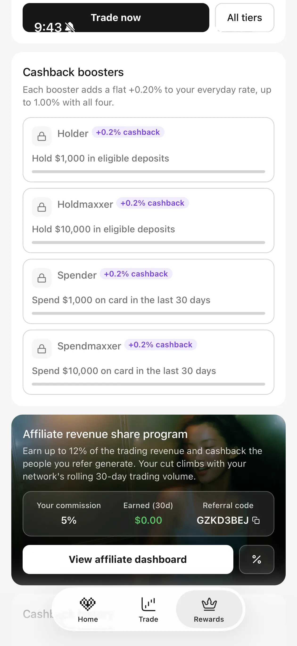 Hyperbeat rewards screen showing the 0.2 percent base cashback rate and four everyday boosters