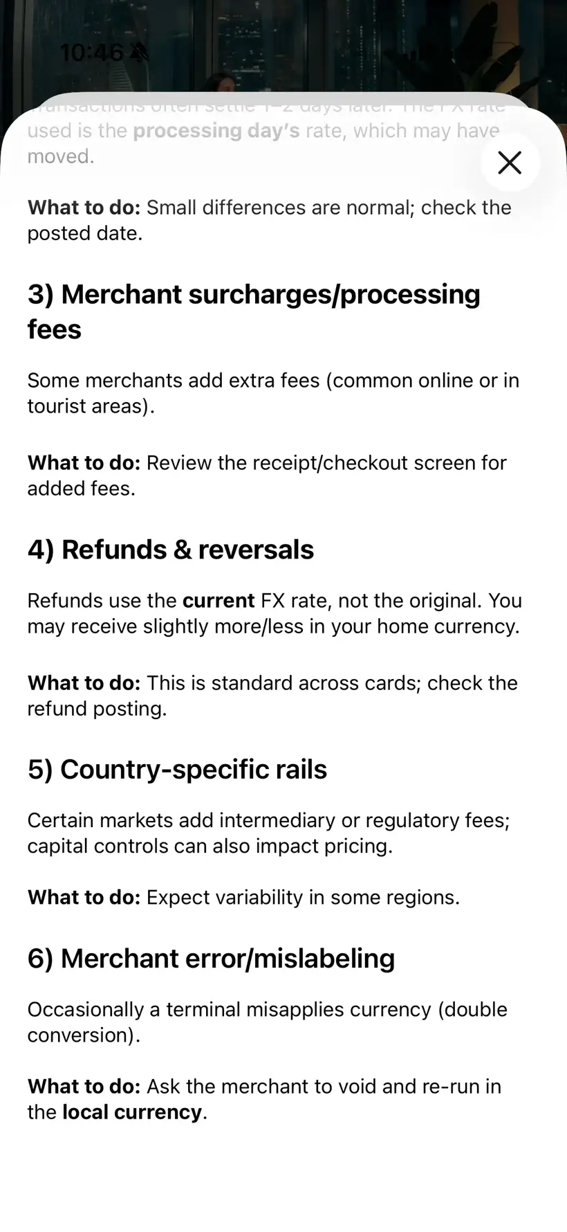 Hyperbeat help article explaining the 0.4 to 1 percent FX rate, dynamic currency conversion, settlement timing, merchant surcharges, refunds, country-specific rails, and merchant errors