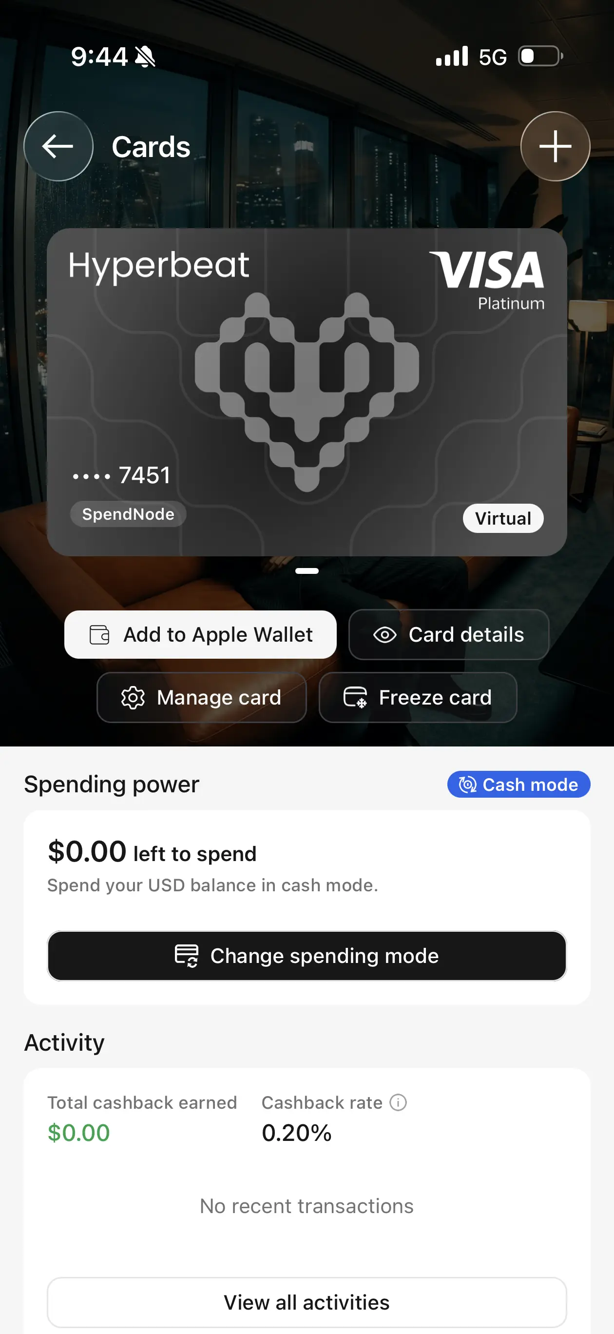 Issued Hyperbeat virtual Visa with Apple Wallet, card details, freeze, spending mode, and activity controls