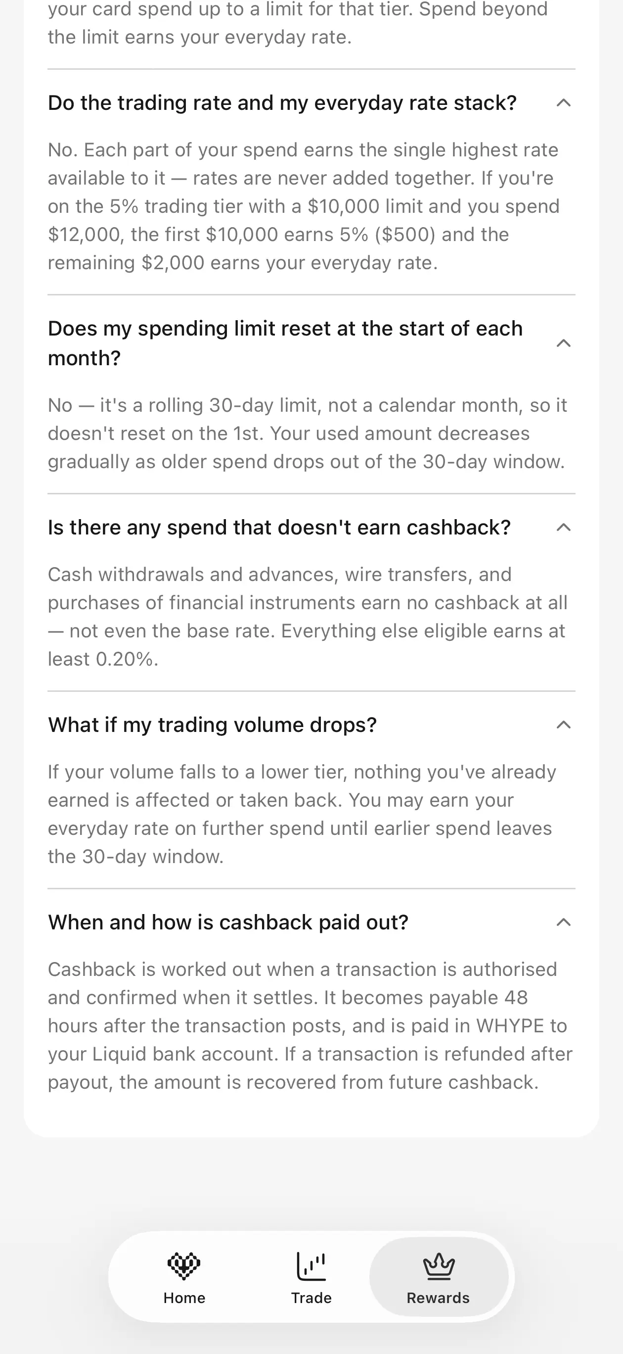 Hyperbeat in-app rewards FAQ explaining rolling limits, excluded transactions, tier changes, and WHYPE cashback payout about 48 hours after posting