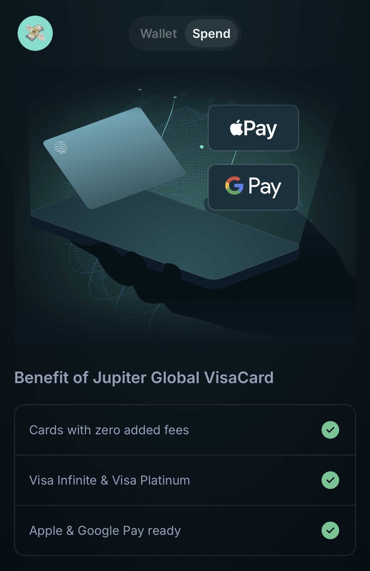Jupiter Global VisaCard benefits screen showing zero added fees, Visa Infinite and Visa Platinum tier, and Apple Pay and Google Pay support