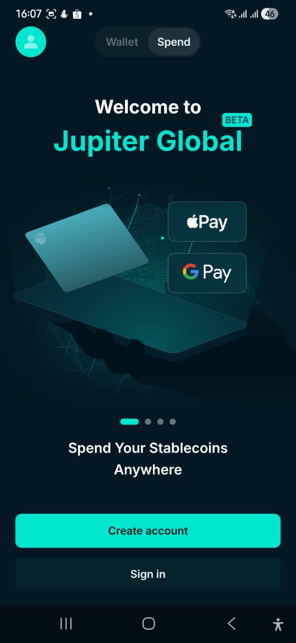 Jupiter Global welcome screen showing Create Account button with Apple Pay and Google Pay badges