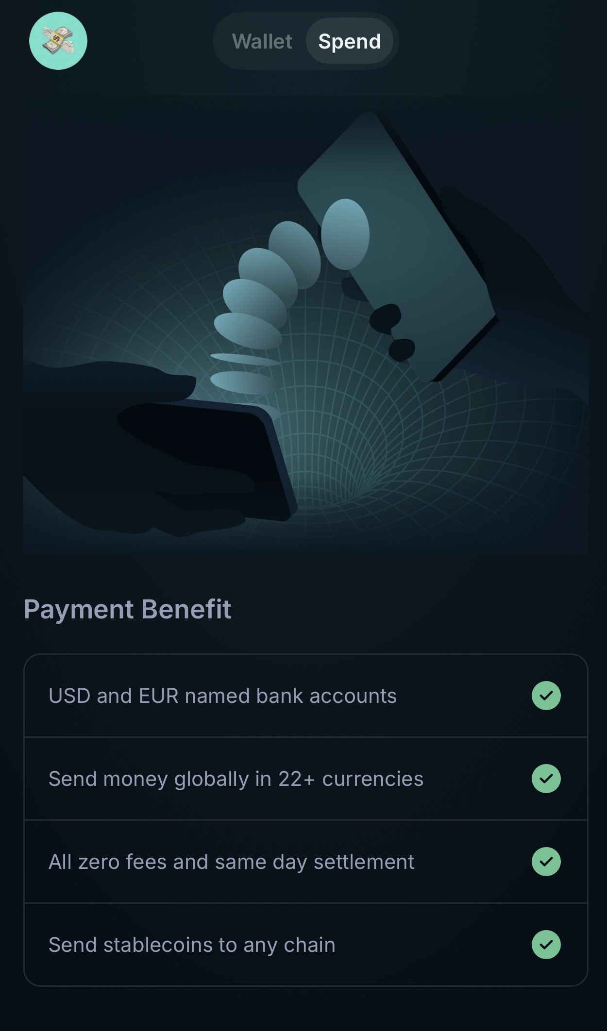 Jupiter Global payment benefits showing USD and EUR named bank accounts, send money globally in 22+ currencies, zero fees with same day settlement, and stablecoin transfers to any chain