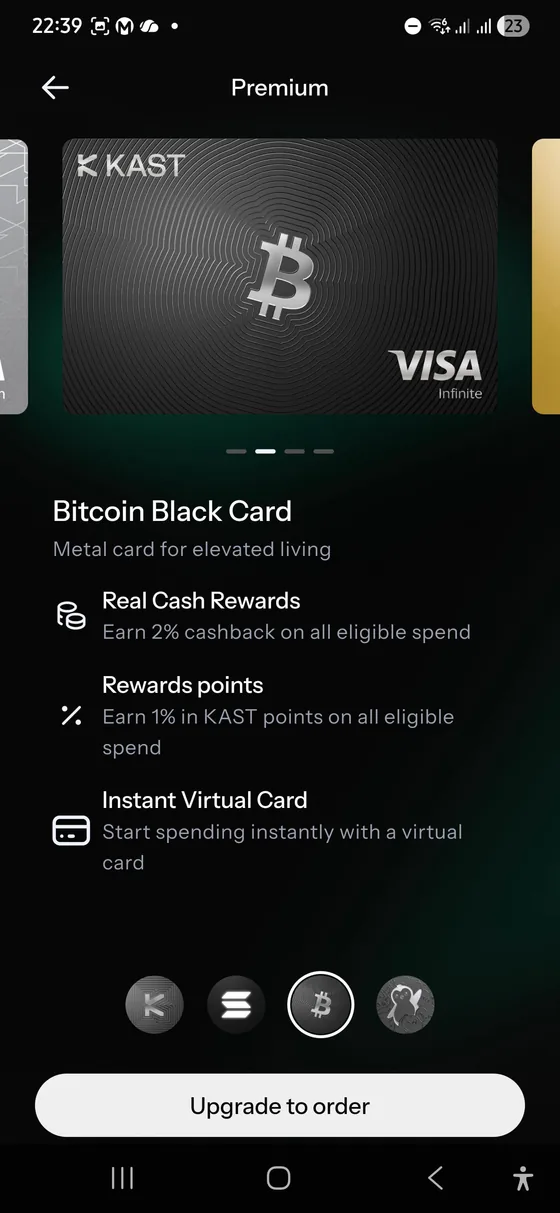 KAST Bitcoin Black Card Premium tier screen showing 2 percent cashback, KAST Points, and instant virtual card access