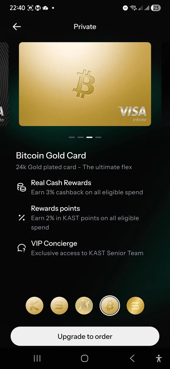 KAST Bitcoin Gold Card Luxe tier screen showing 3 percent cashback, 2 percent KAST Points, and VIP Concierge