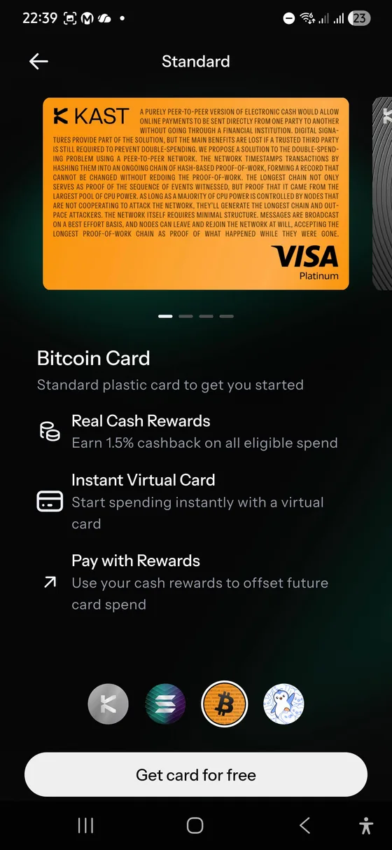 KAST Bitcoin Standard Card screen showing 1.5 percent cashback on eligible spend and instant virtual card access