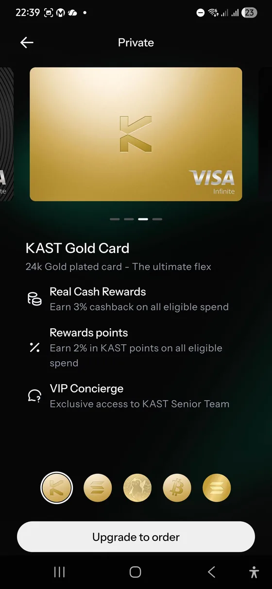 KAST Gold Card Luxe tier screen showing 3 percent cashback, 2 percent KAST Points, and VIP Concierge
