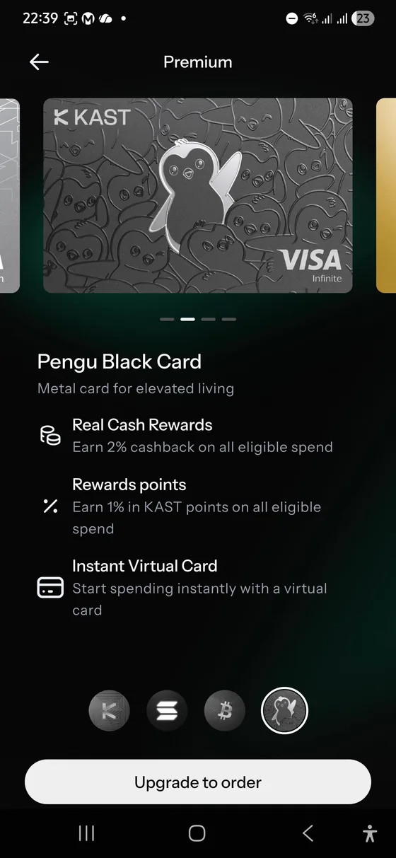 KAST Pengu Black Card Premium tier screen showing 2 percent cashback, KAST Points, and instant virtual card access