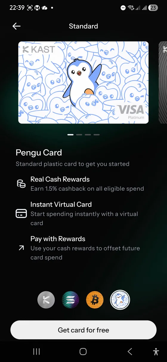 KAST Pengu Card Standard tier screen showing 1.5 percent cashback and instant virtual card access