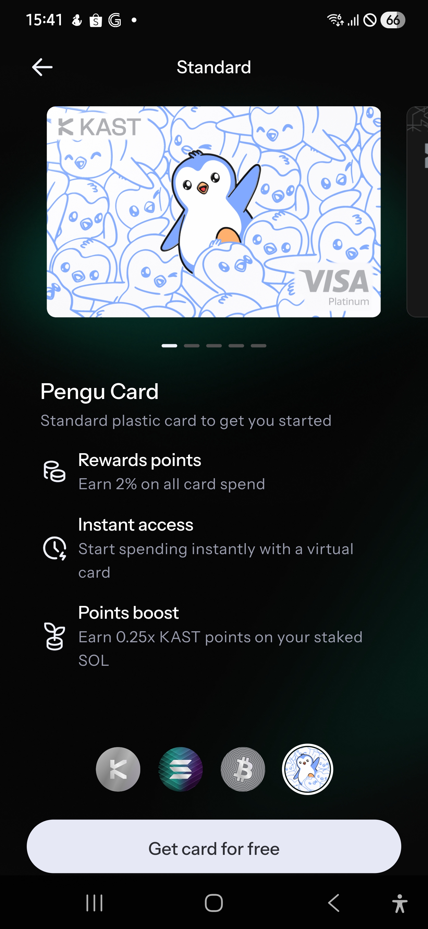 KAST Pengu Card - Standard tier, 2% rewards points, free