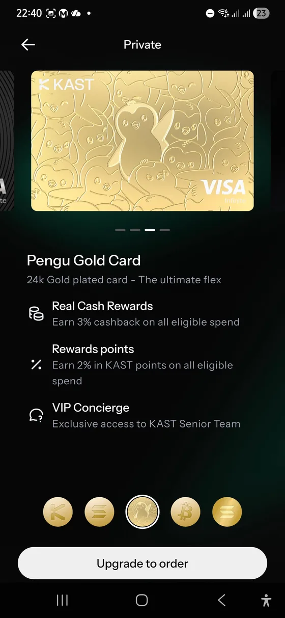 KAST Pengu Gold Card Luxe tier screen showing 3 percent cashback, 2 percent KAST Points, and VIP Concierge