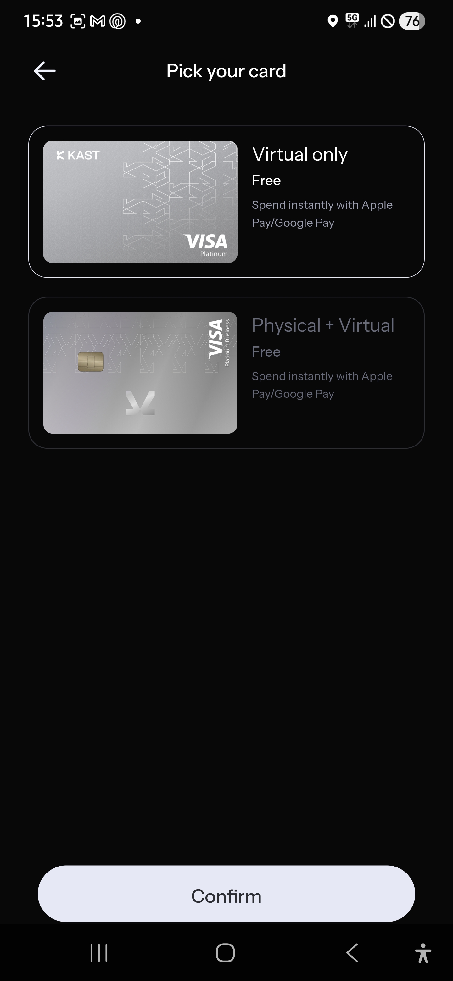 KAST card selection screen - Virtual only (free) or Physical + Virtual (free) with Apple Pay and Google Pay