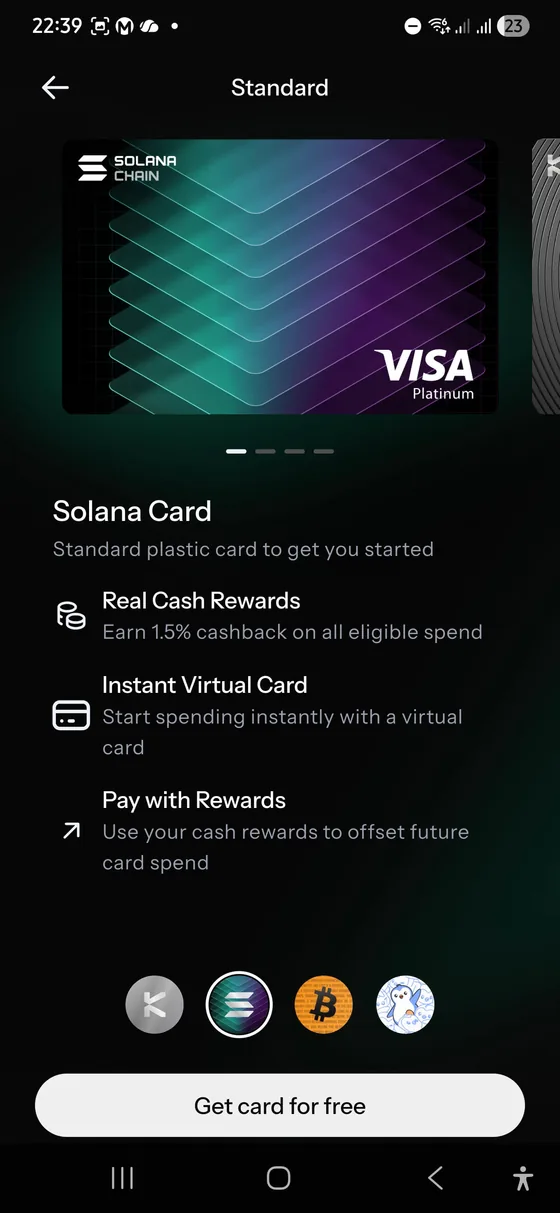 KAST Solana Card Standard tier screen showing 1.5 percent cashback on eligible spend and instant virtual card access