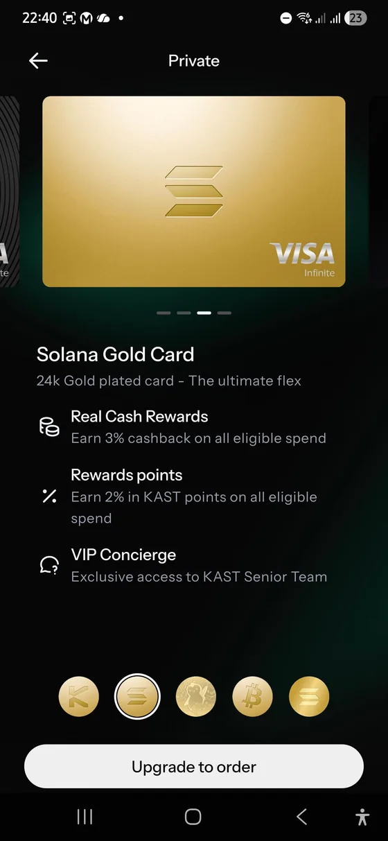 KAST Solana Gold Card Luxe tier screen showing 3 percent cashback, 2 percent KAST Points, and VIP Concierge