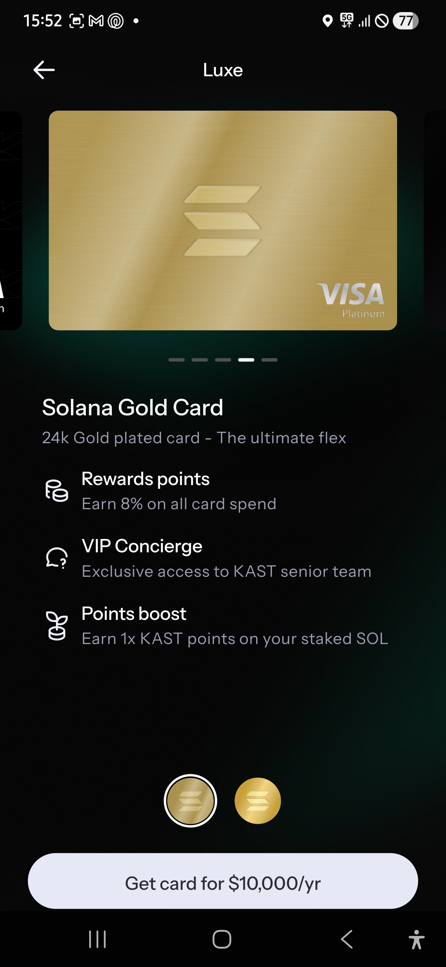 KAST Solana Gold Card - Luxe tier 24K gold, 8% rewards, 1x SOL staking, VIP concierge, $10,000/year