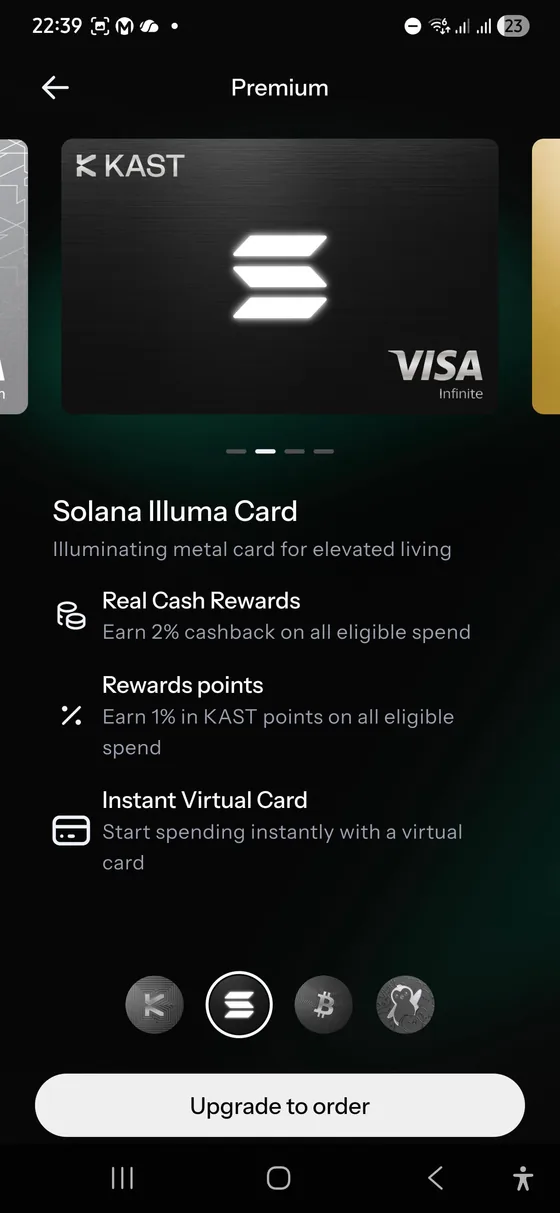 KAST Solana Illuma Card Premium tier screen showing 2 percent cashback, KAST Points, and instant virtual card access