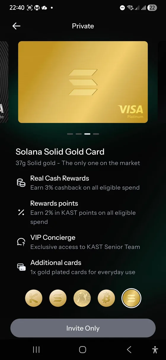KAST Solana Solid Gold Card invite-only screen showing 3 percent cashback, 2 percent KAST Points, VIP Concierge, and additional cards