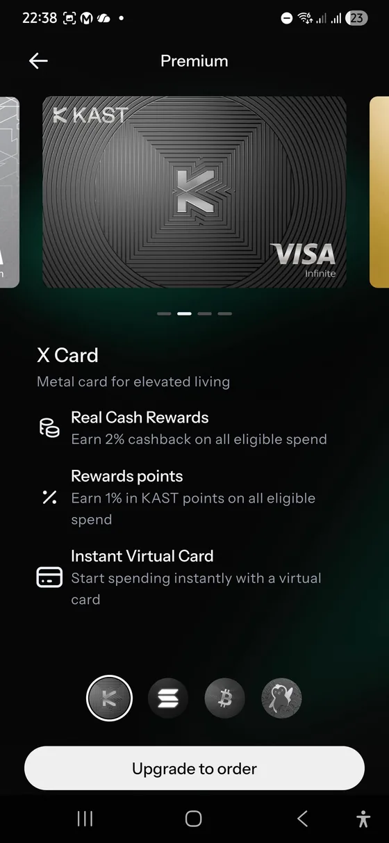 KAST X Card Premium tier screen showing 2 percent cashback, KAST Points, and instant virtual card access